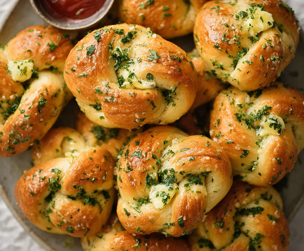 Golden garlic knots with a crispy exterior and aromatic garlic topping, perfect as a snack or appetizer.