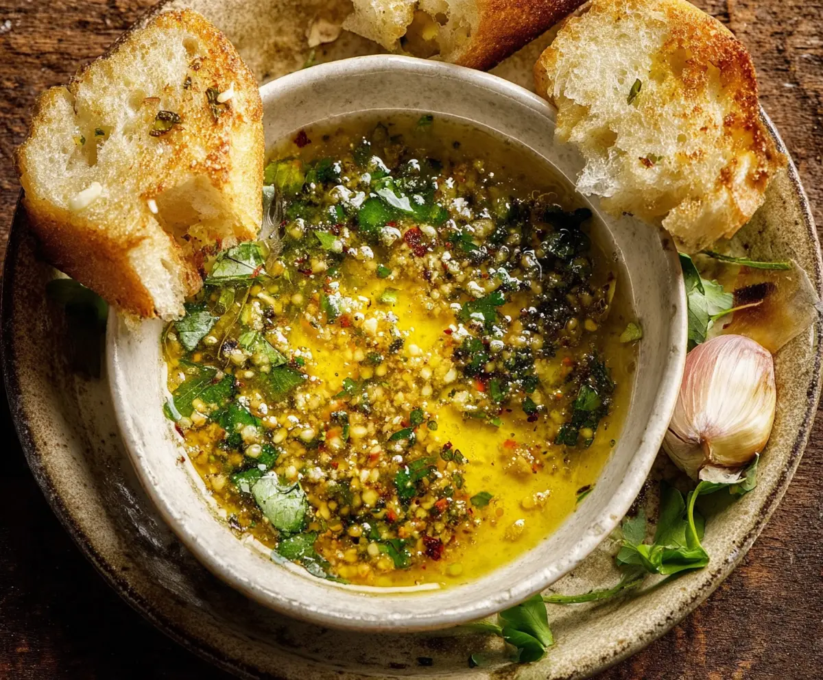 Close-up of a garlic olive oil dip in a bowl, garnished with fresh herbs and served with bread slices.