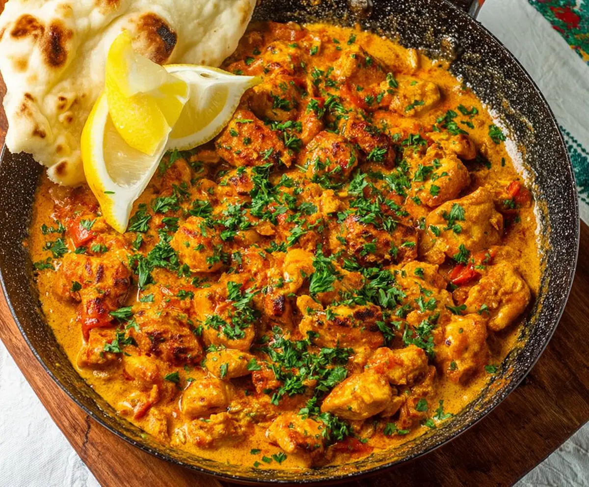 Delicious Gordon Ramsay Chicken Tikka Masala served on a white plate with fresh herbs