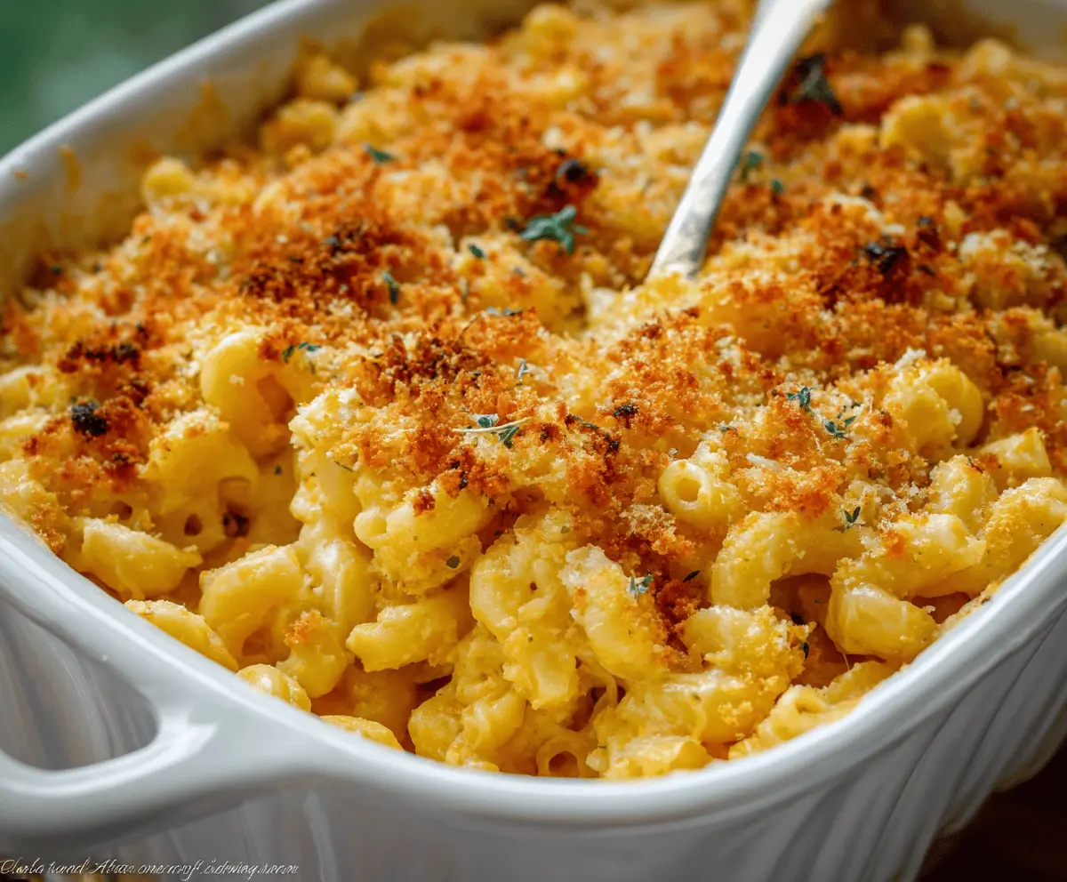 Delicious gourmet baked mac and cheese topped with a crunchy crust, served in a savory dish.