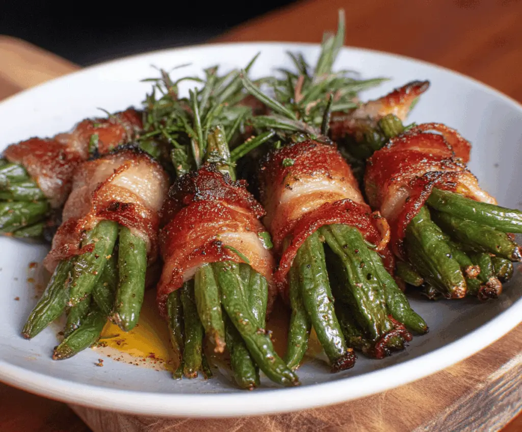 Delicious green bean bundles wrapped with bacon on a serving platter