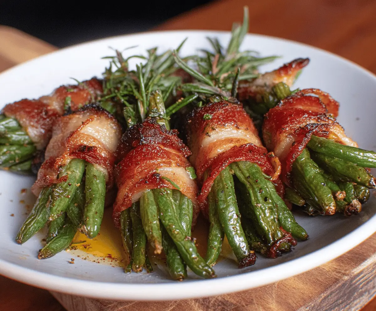 Delicious green bean bundles wrapped with bacon on a serving platter