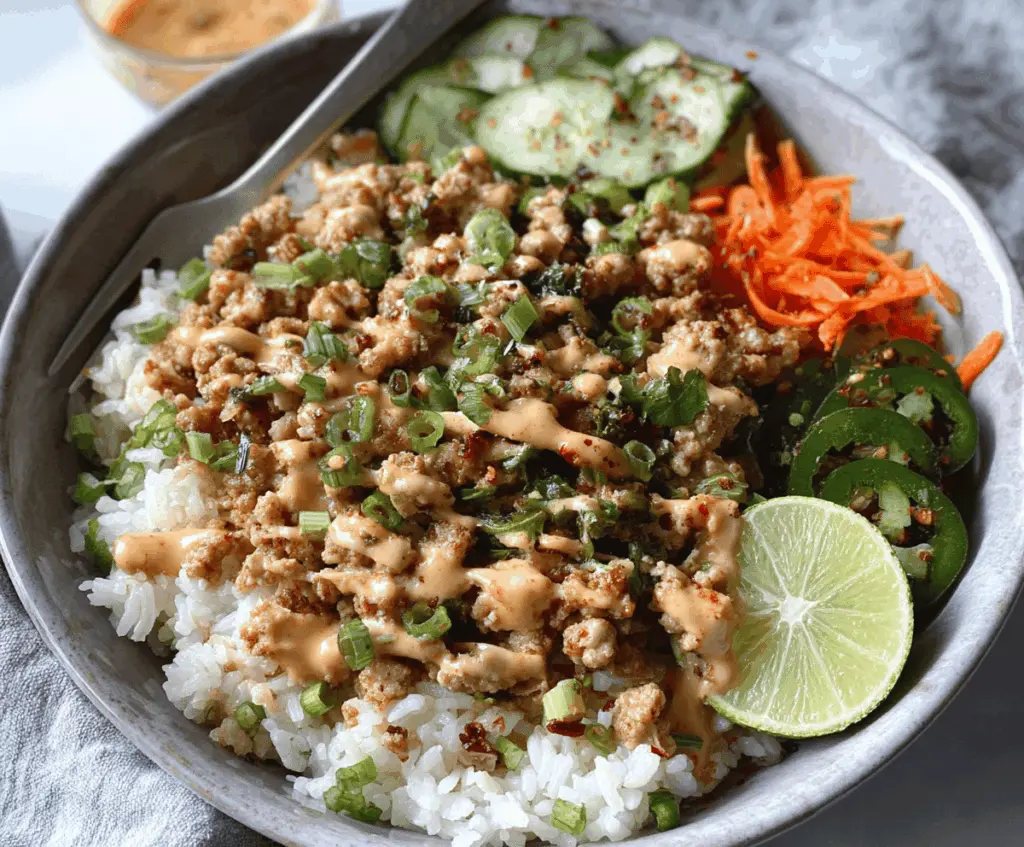 Delicious ground turkey rice bowl topped with Bang Bang sauce and fresh vegetables.