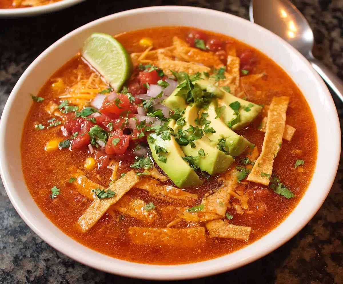 Delicious homemade tortilla soup served in a bowl with fresh toppings and herbs.