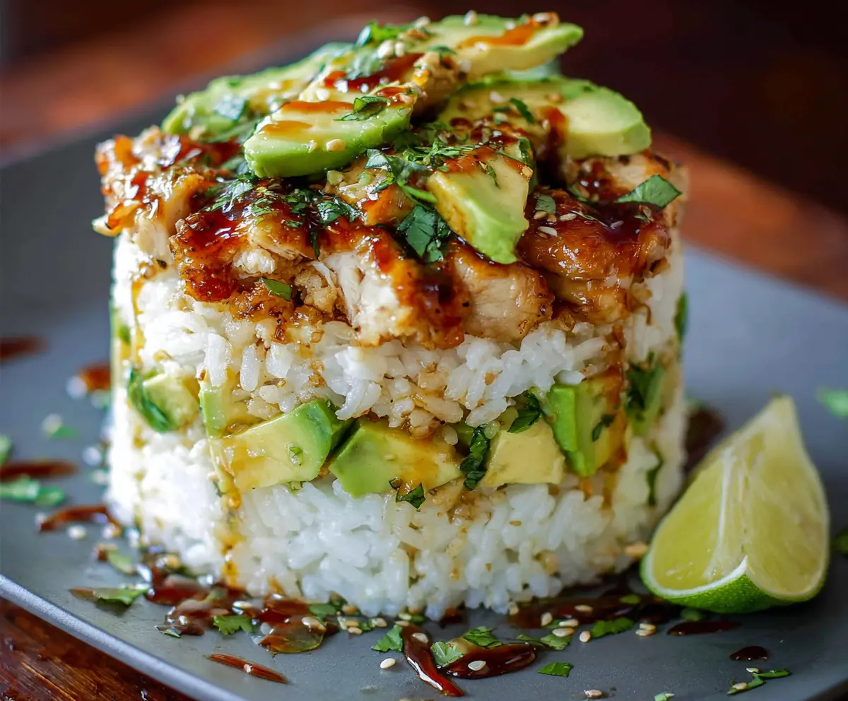 Delicious Honey Lime Chicken and Avocado Rice Stack dish garnished with fresh herbs.