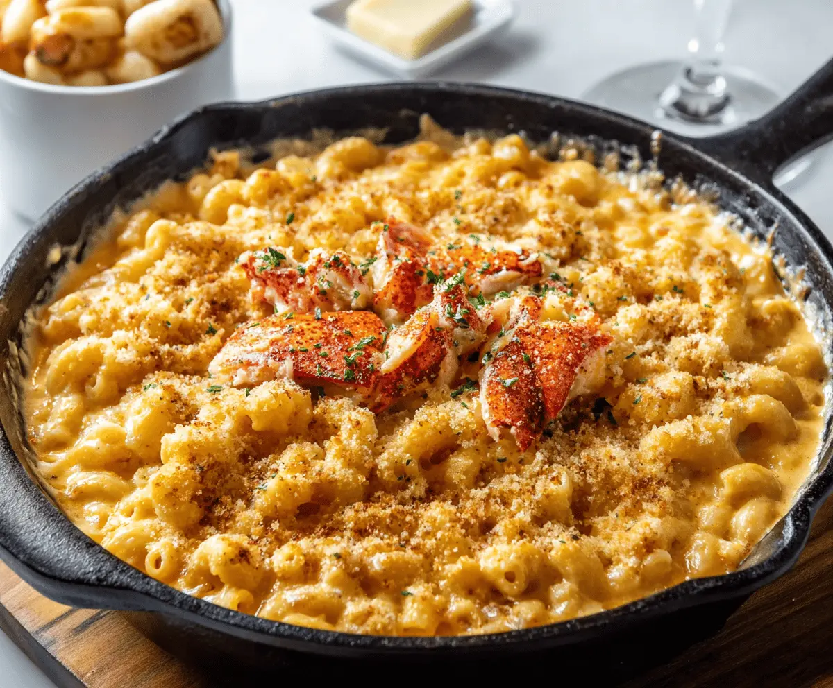 Creamy lobster mac and cheese served in a rustic bowl with melted cheese topping.