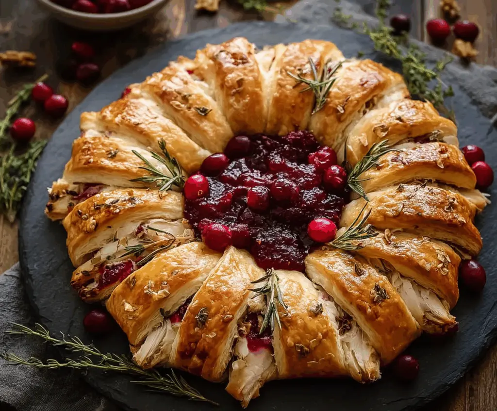 Delicious turkey cranberry crescent ring served as a festive holiday appetizer.