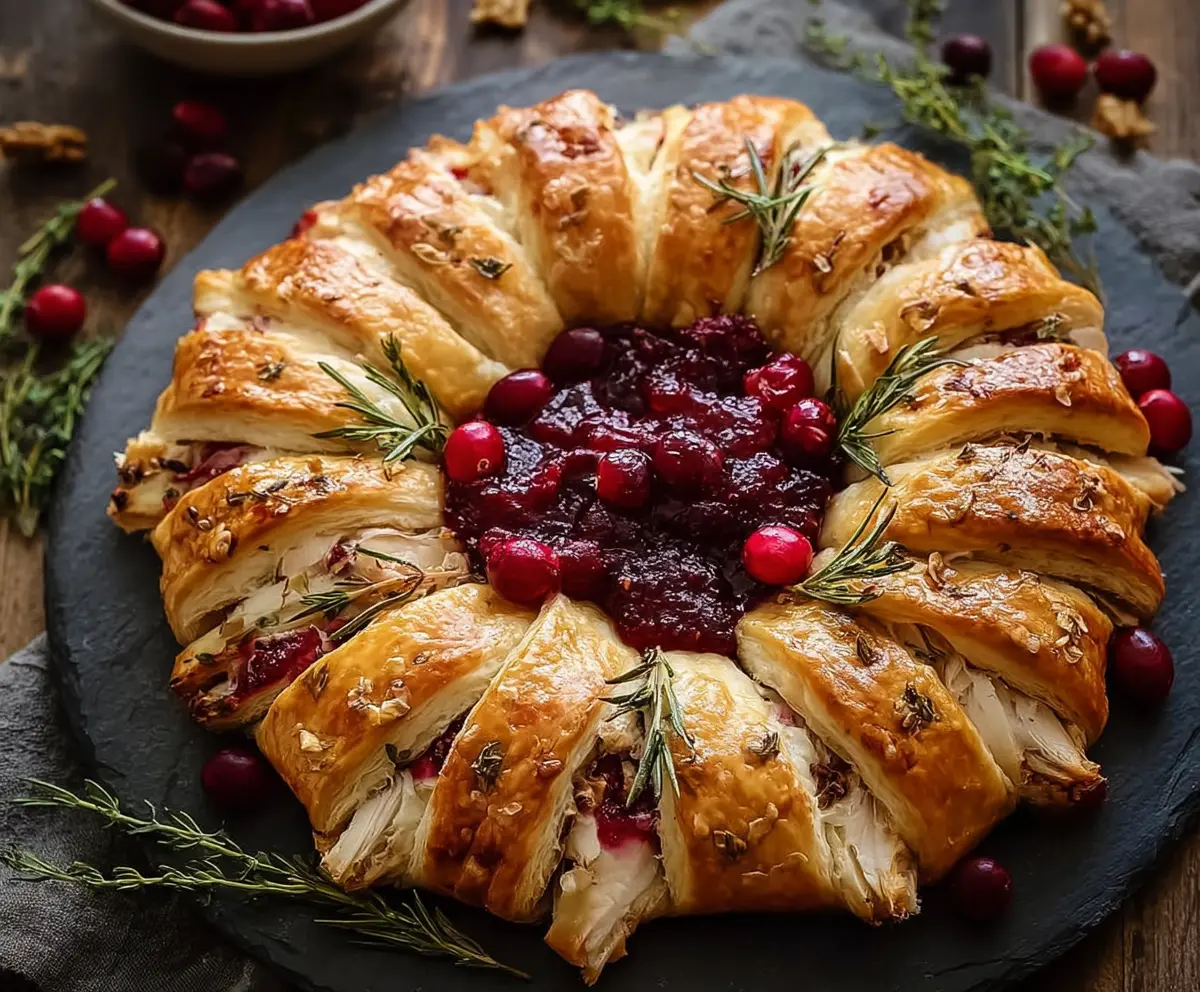 Delicious turkey cranberry crescent ring served as a festive holiday appetizer.