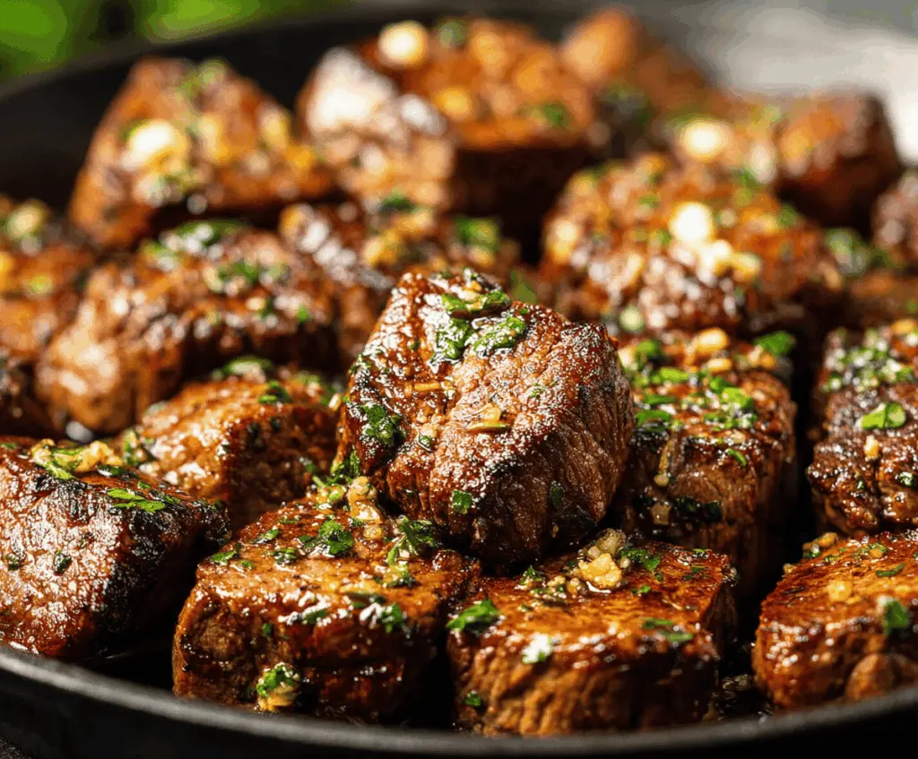 Juicy garlic butter steak served on a plate with fresh herbs, perfect for a delicious gourmet meal.