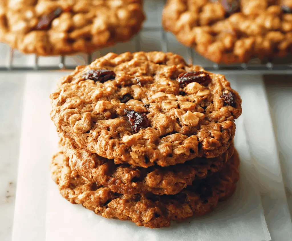 Delicious homemade oatmeal cookies with raisins and nuts on a rustic wooden table.