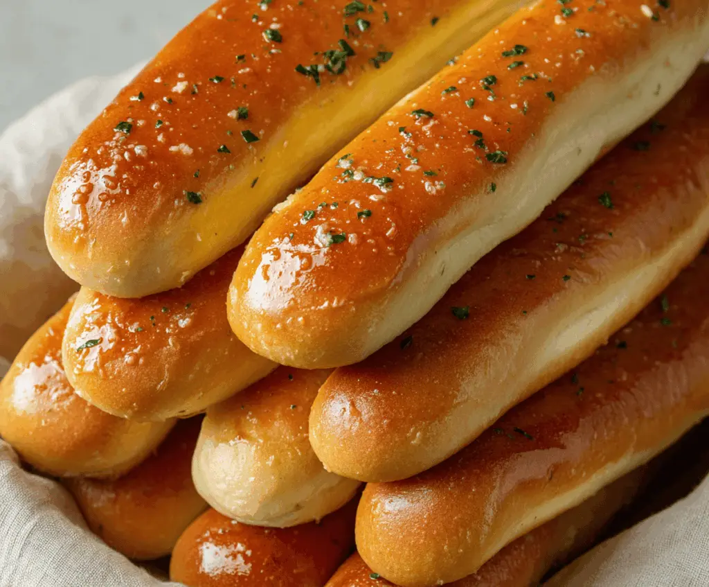 Warm, golden Olive Garden style breadsticks served with garlic and herbs on a plate.