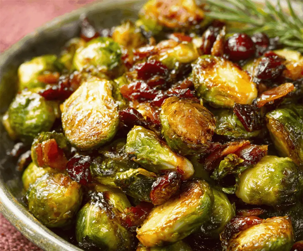 Delicious Orange Maple Glazed Brussels Sprouts topped with fresh cranberries, perfect for a festive holiday side dish.