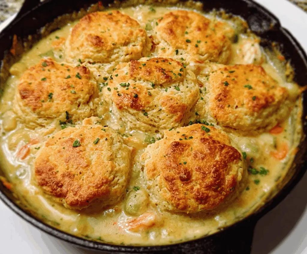 Delicious chicken pot pie with a red lobster biscuit topping, showcasing crispy golden crust and hearty filling.