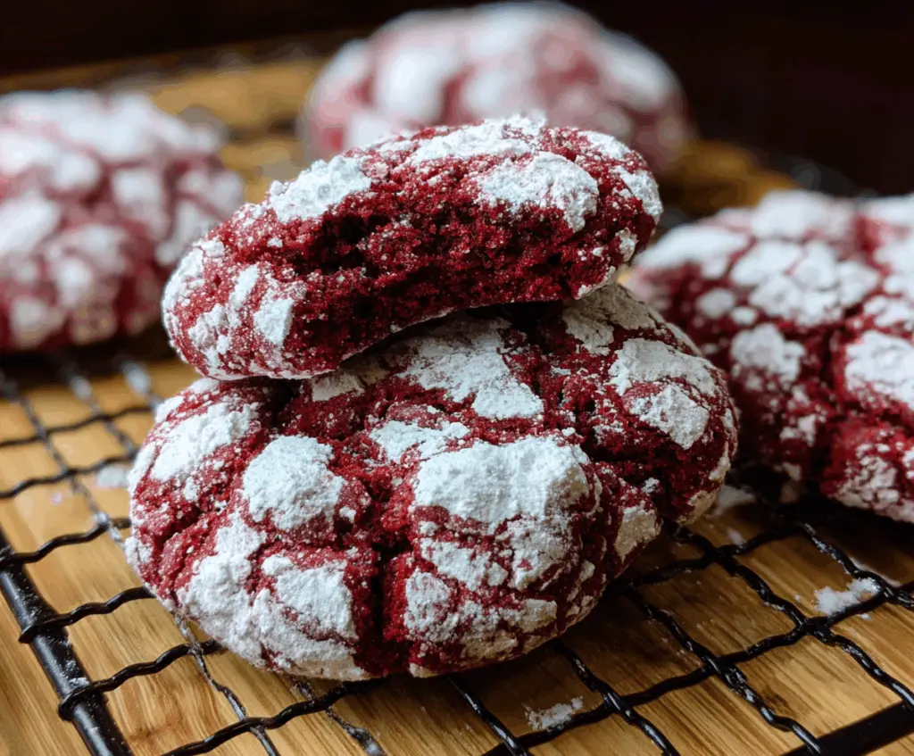 Delicious red velvet crinkle cookies with powdered sugar on a rustic wooden surface