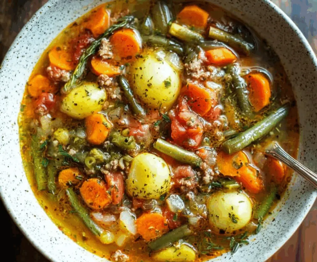 A bowl of hearty rustic vegetable soup with colorful vegetables and fresh herbs.