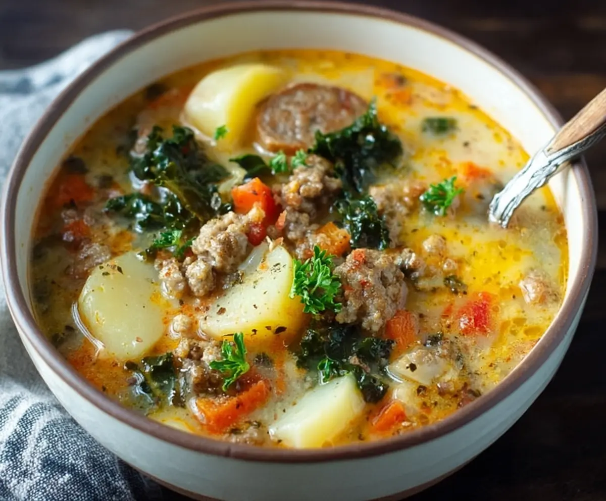 Warm and hearty sausage, potato, and kale soup served in a bowl for a comforting meal.