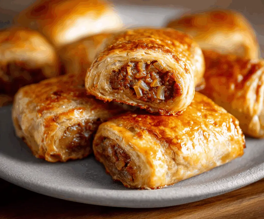 Savory French Onion Sausage Rolls with melted cheese and crispy golden pastry, perfect for appetizers or snacks.