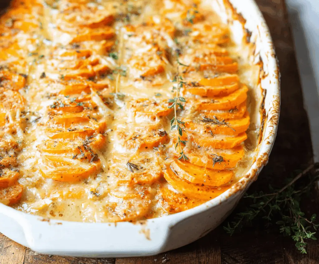Delicious scalloped sweet potatoes baked to perfection with creamy sauce and golden crust.