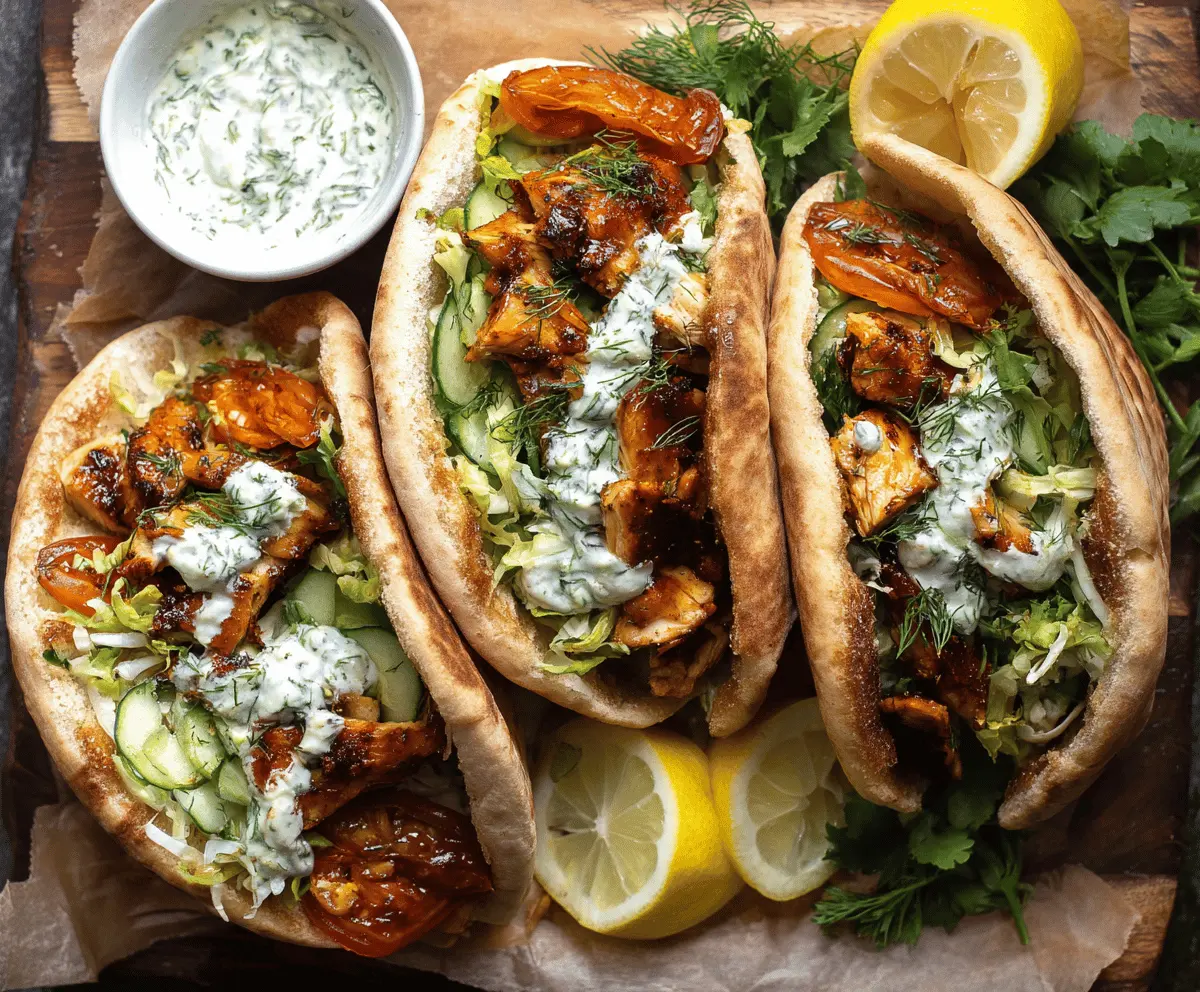 Delicious Sheet Pan Chicken Pitas topped with fresh herbs and creamy ranch sauce.