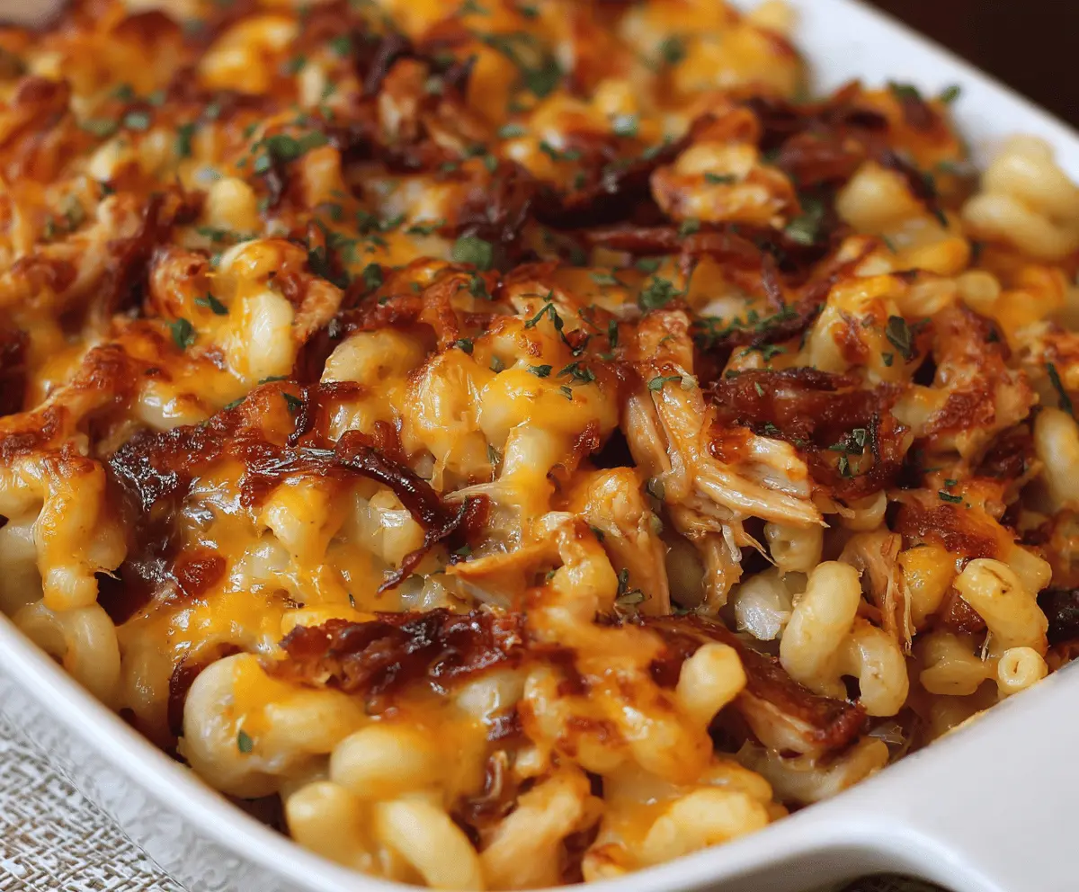 Delicious Shredded BBQ Chicken Mac and Cheese in a bowl, topped with cheese and herbs