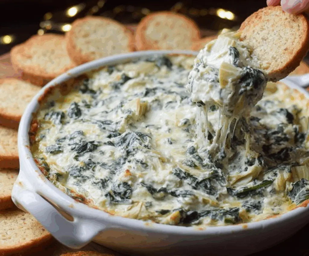 Creamy spinach and artichoke dip served with crispy bread slices, perfect for gatherings.