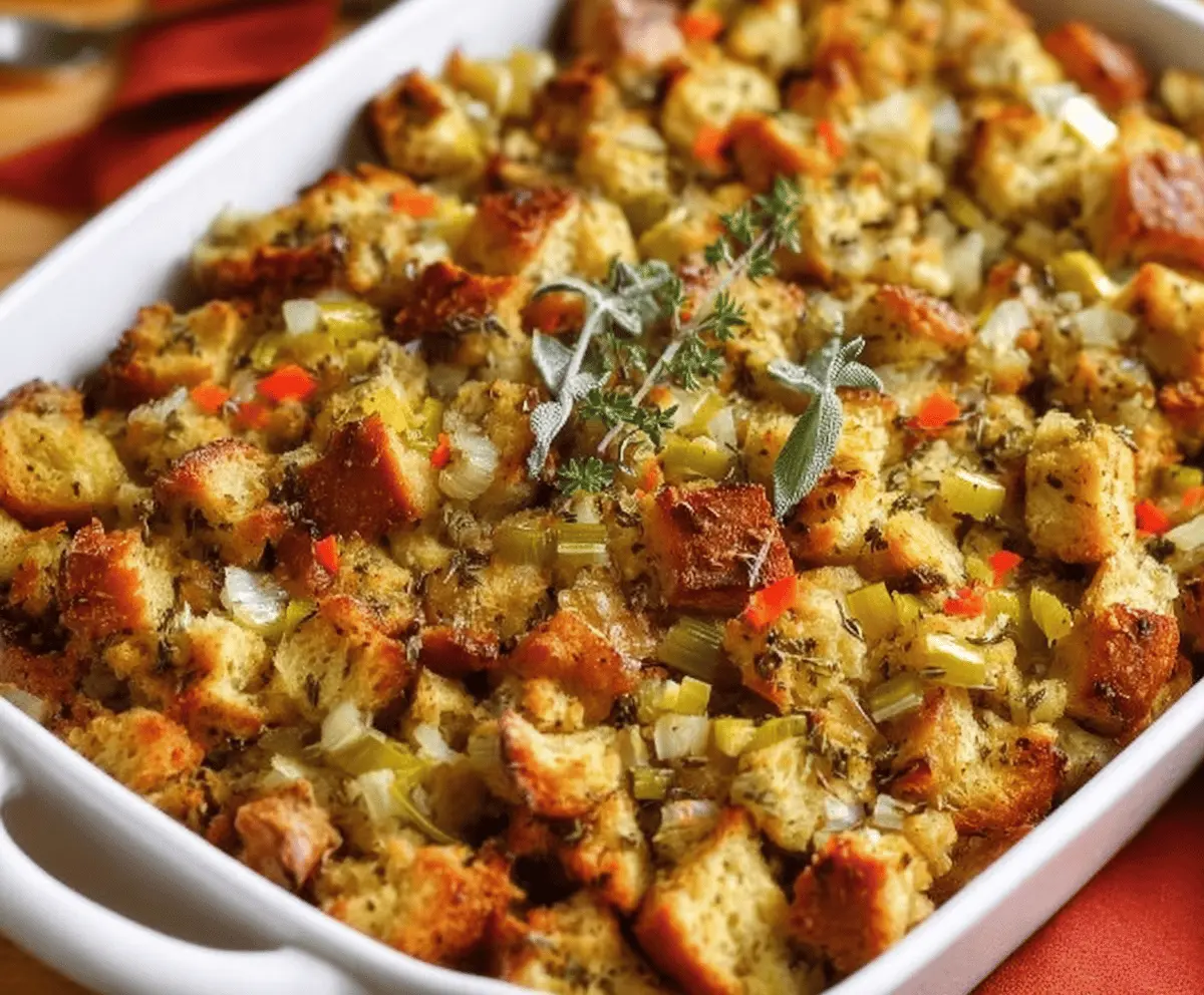 Delicious homemade stuffing Recipe perfect for Thanksgiving dinner.