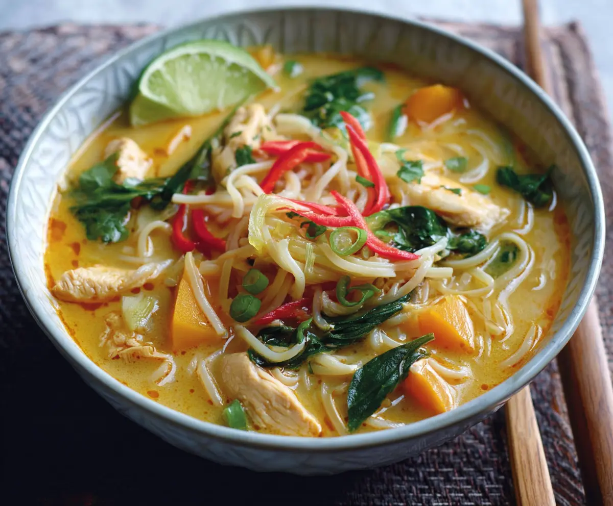 Thai Curry Chicken Noodle Soup in a bowl with fresh herbs and vegetables, perfect for a comforting meal.