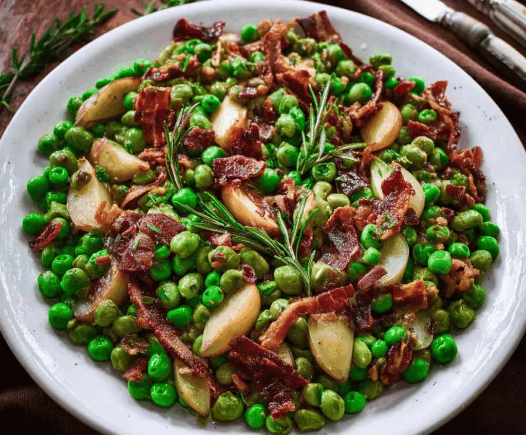Delicious Thanksgiving Peas with Pear and Pancetta served on a festive plate