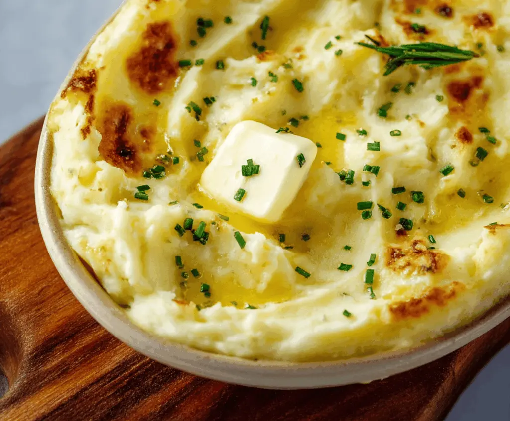 Creamy baked mashed potatoes topped with herbs and butter, served in a white dish for a delicious side dish.