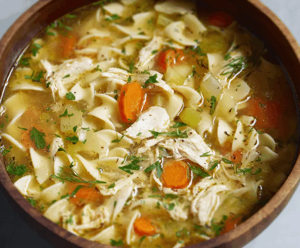 Warm and comforting traditional chicken noodle soup in a bowl, with tender chicken, noodles, and fresh vegetables.