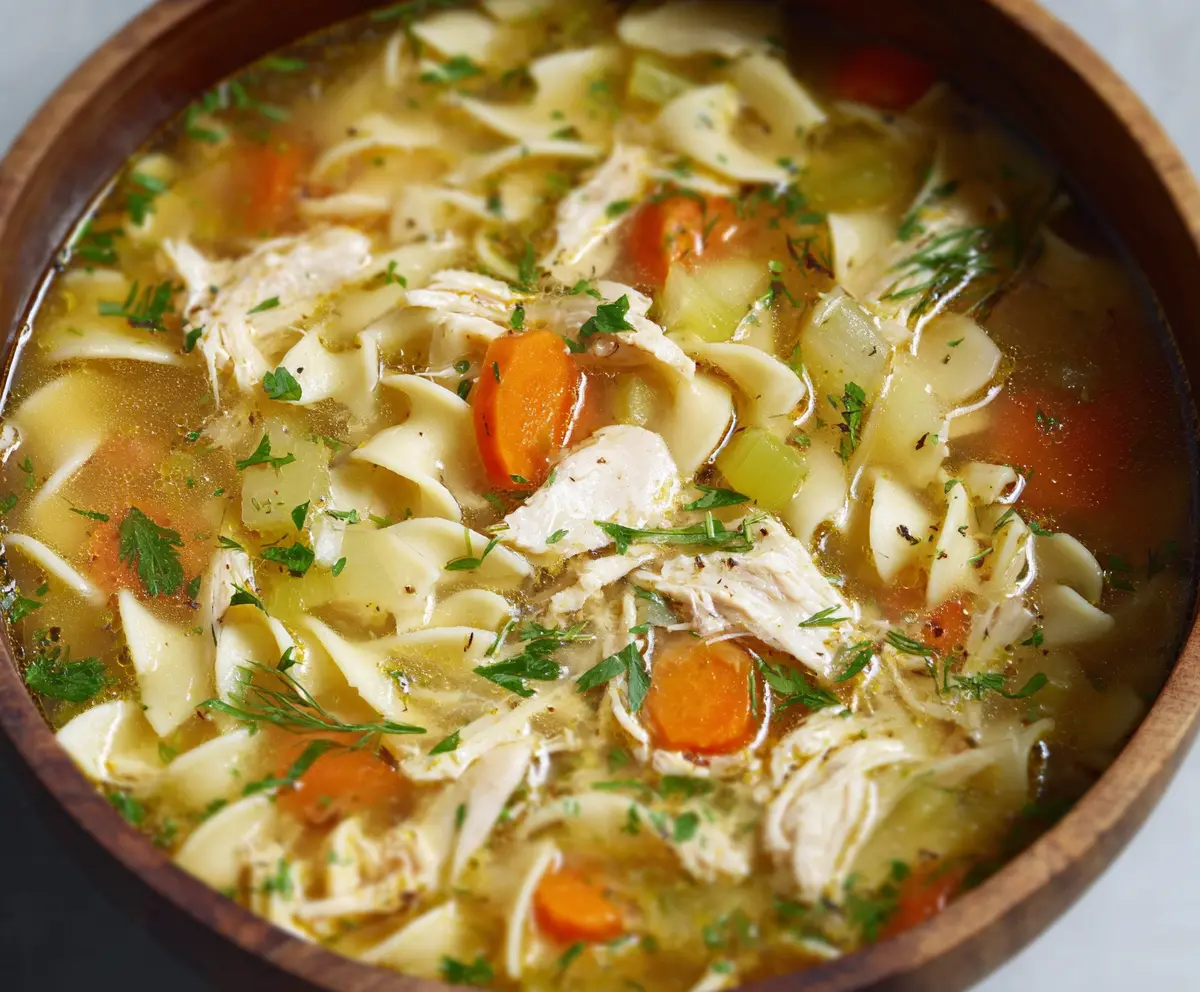 Warm and comforting traditional chicken noodle soup in a bowl, with tender chicken, noodles, and fresh vegetables.