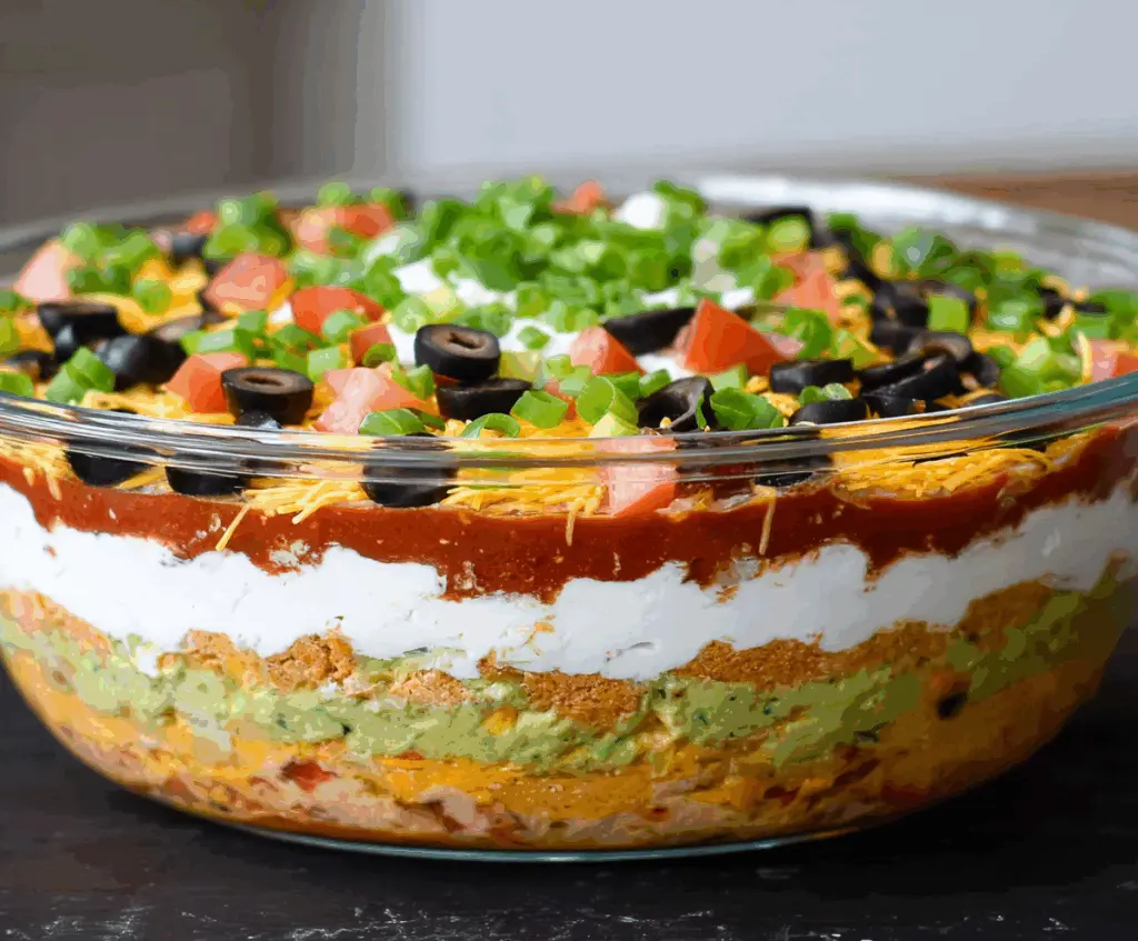 Delicious Ultimate 7 Layer Dip arranged in a clear bowl showcasing colorful ingredients like guacamole, sour cream, salsa, cheese, olives, and jalapenos.