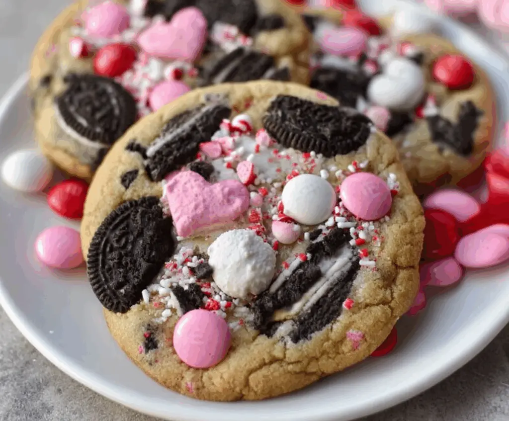 Valentine's Day Oreo cookies decorated with M&M's and red icing, perfect for a sweet celebration.