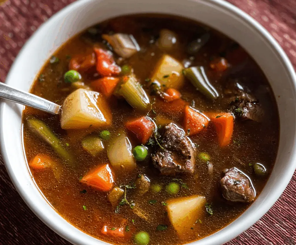Hearty homemade vegetable beef soup in a bowl with fresh vegetables and tender beef chunks.