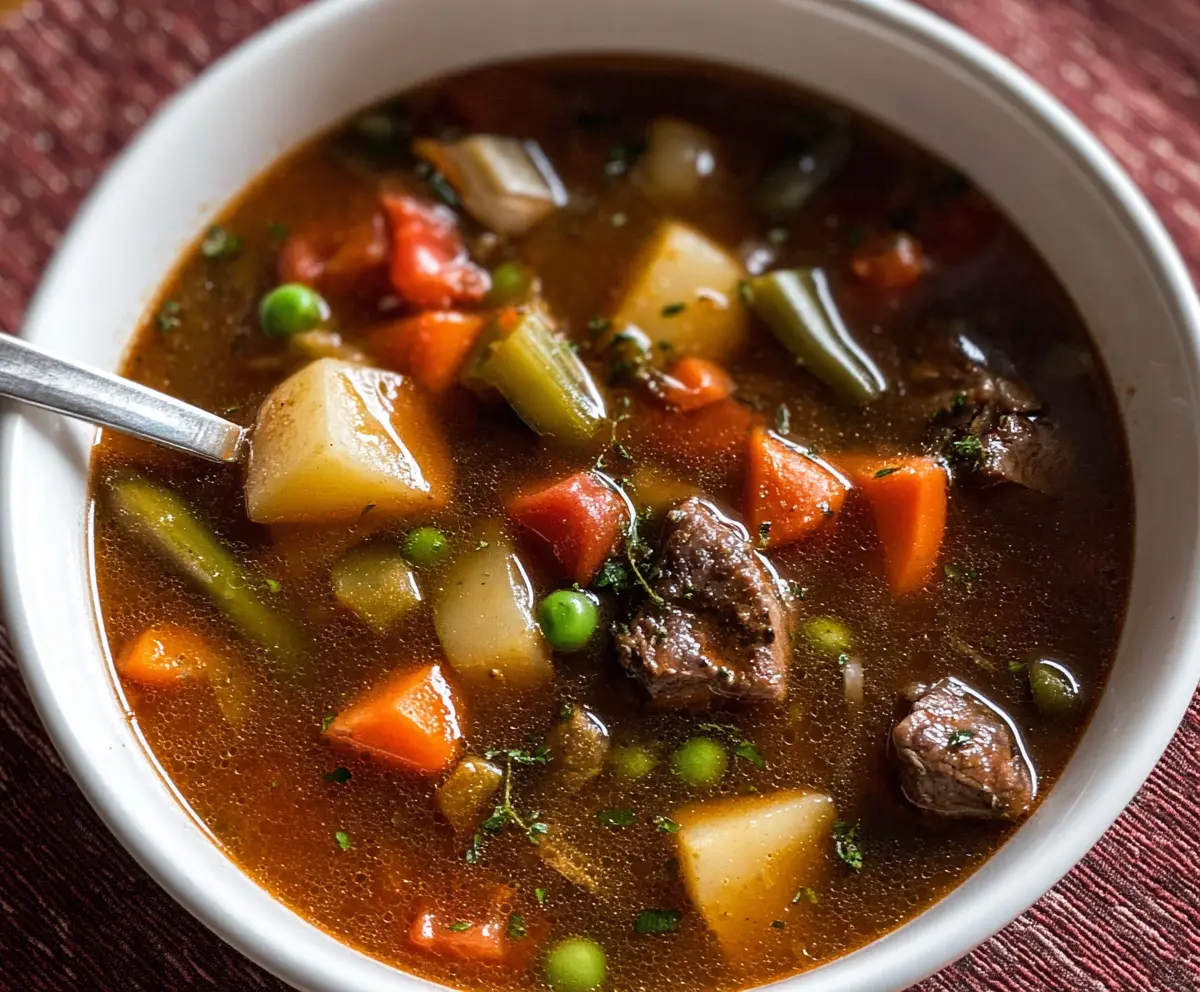 Hearty homemade vegetable beef soup in a bowl with fresh vegetables and tender beef chunks.