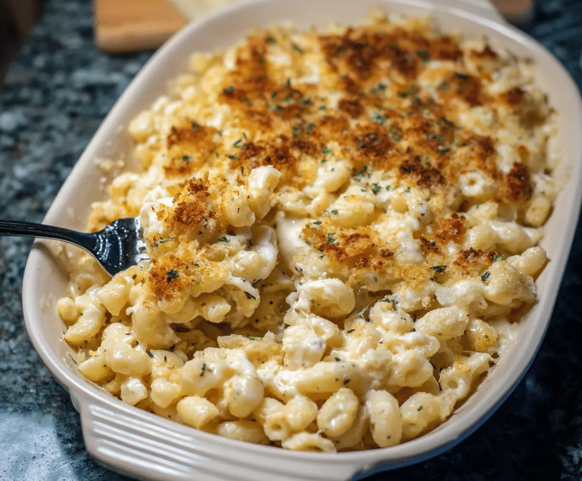 Creamy white truffle mac and cheese served in a rustic bowl, garnished with fresh herbs.