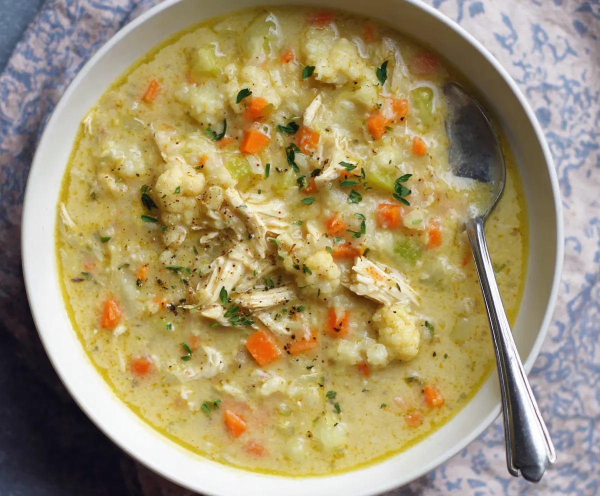 Hearty 30-minute cauliflower chicken soup in a bowl, garnished with herbs, perfect for a quick healthy meal.