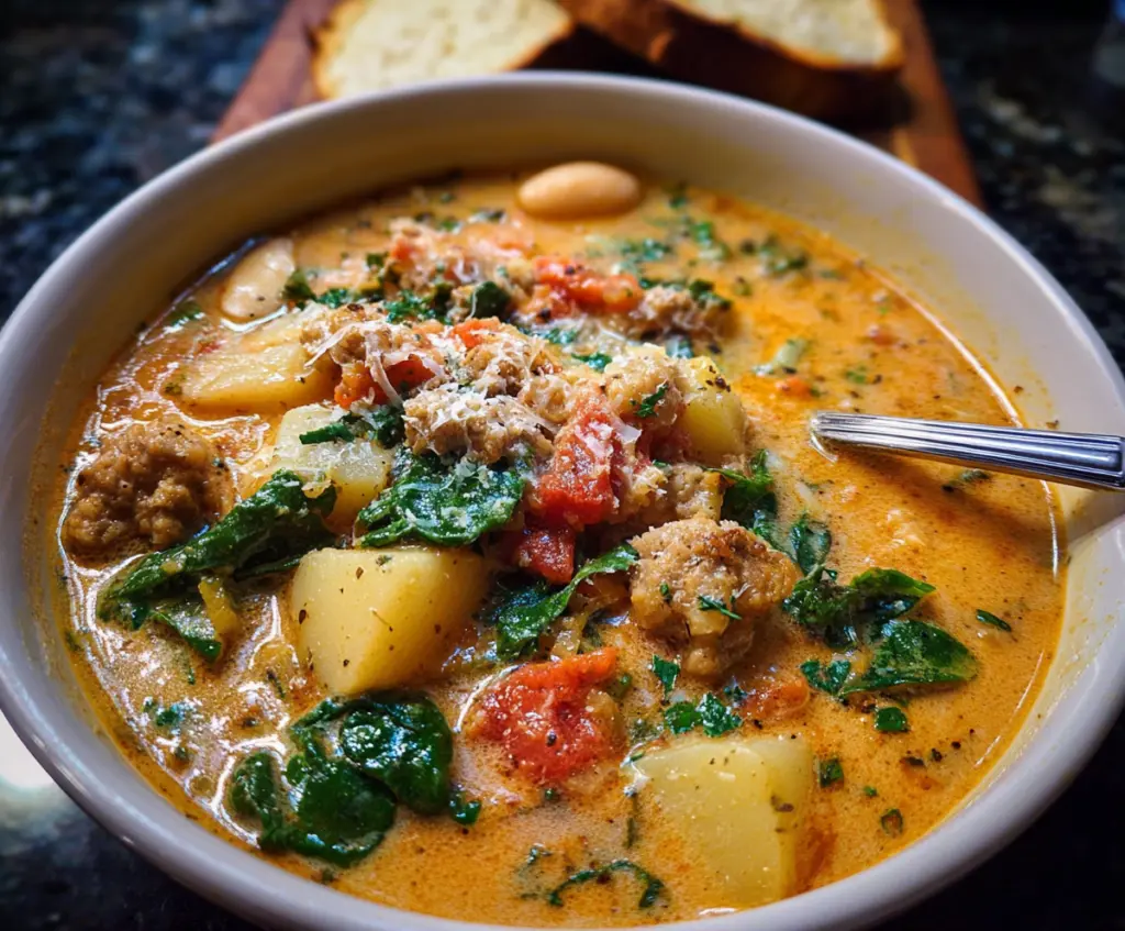Bowl of authentic Tuscan Zuppa with fresh vegetables and herbs, served hot on a rustic table.