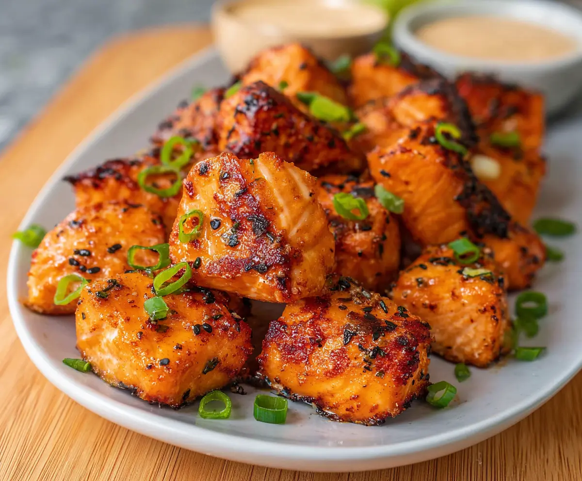 Delicious Bang Bang Salmon Bites served with a crispy exterior and tender inside, perfect for air fryer preparation.