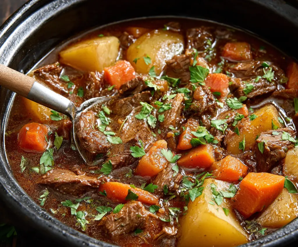 Hearty beef stew cooking in a crock pot, perfect for easy dinner recipes.