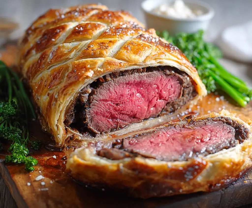 Golden Beef Wellington with flaky pastry crust served on a rustic wooden cutting board.