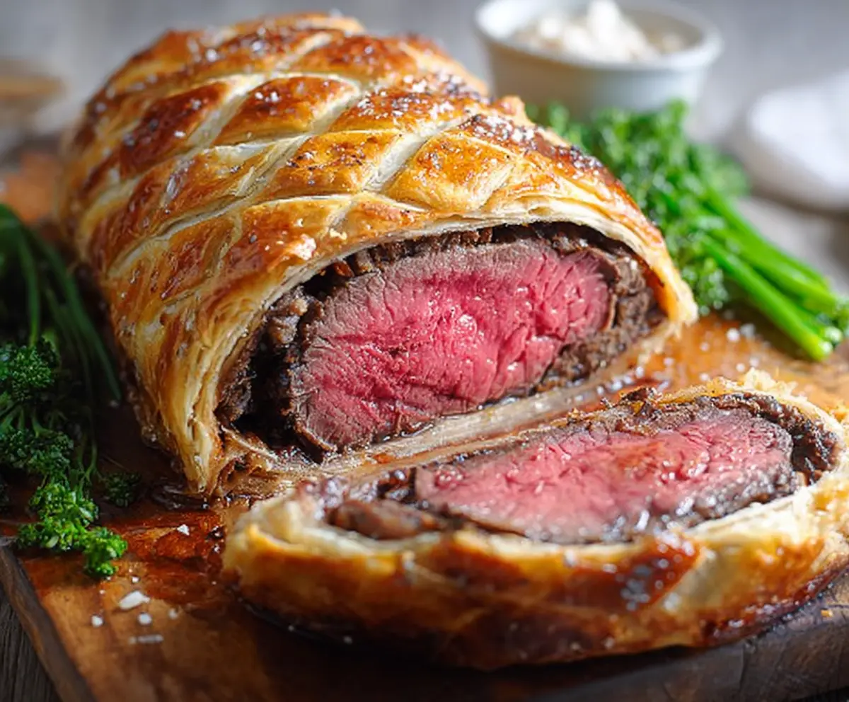 Golden Beef Wellington with flaky pastry crust served on a rustic wooden cutting board.