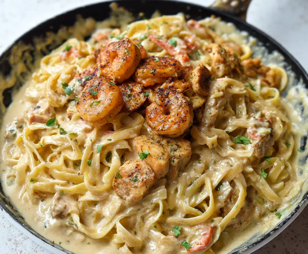 Delicious Cajun Chicken and Shrimp Alfredo served on a dinner plate with creamy sauce and fresh herbs.