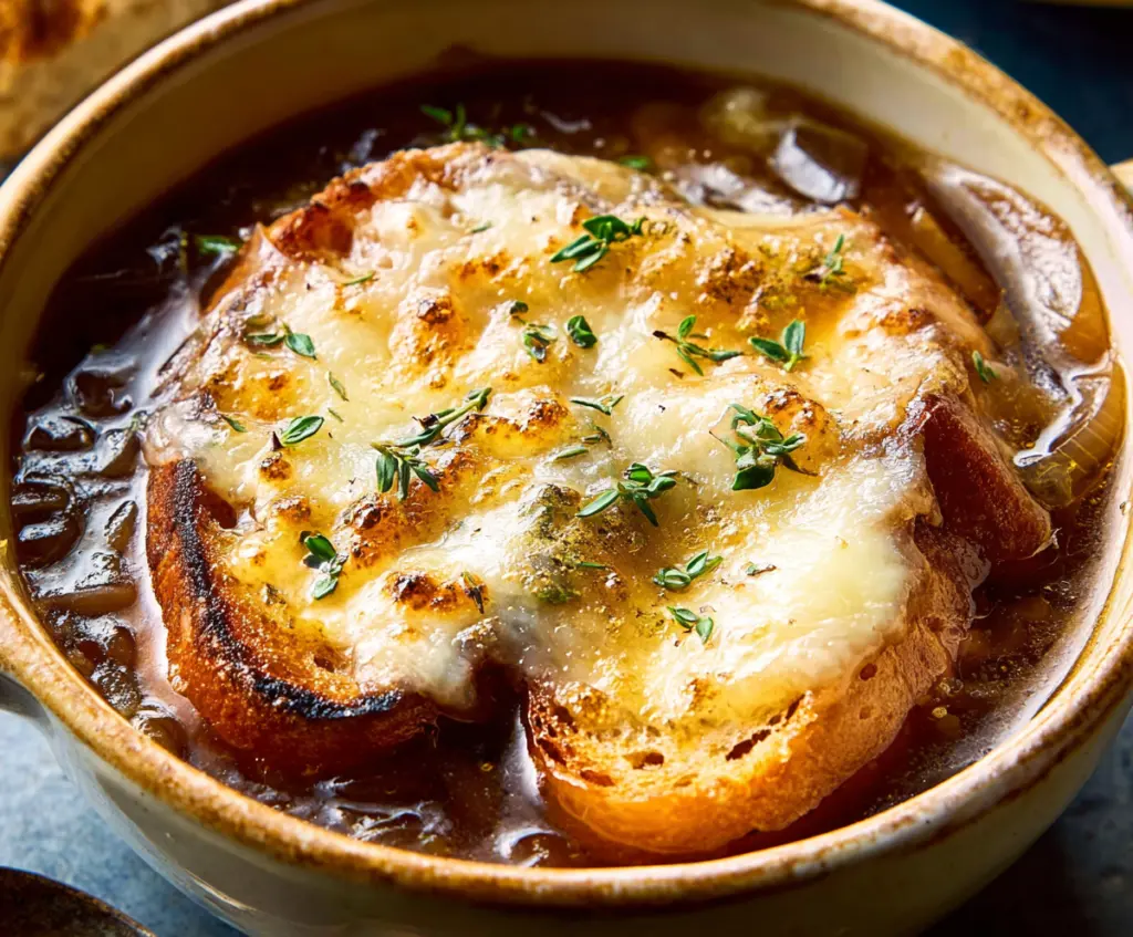 A bowl of rich caramelized onion soup garnished with melted cheese and fresh herbs.
