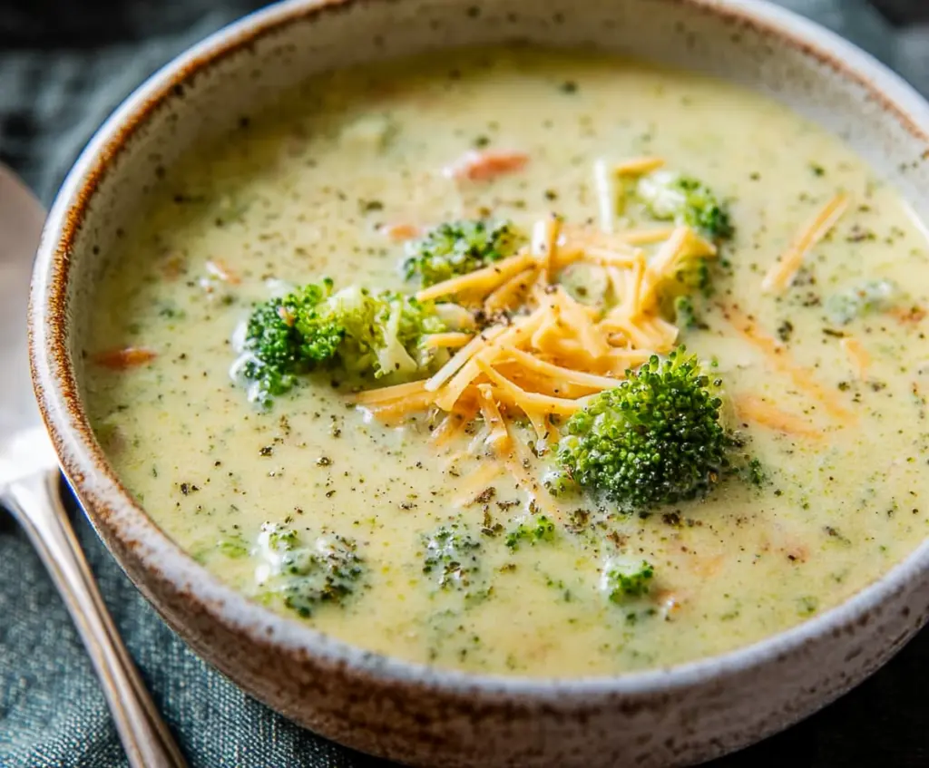 Delicious creamy cheesy broccoli soup served in a bowl with fresh broccoli on top.