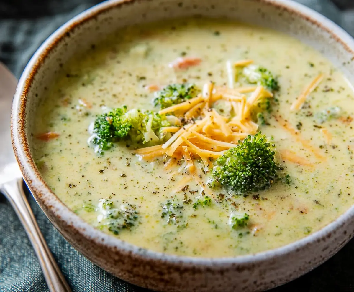 Delicious creamy cheesy broccoli soup served in a bowl with fresh broccoli on top.