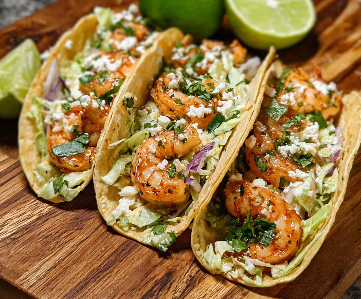 Delicious cilantro lime shrimp tacos with fresh toppings on a plate
