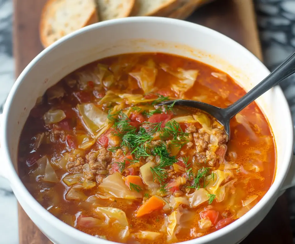 Hearty bowl of Classic Cabbage Soup with fresh vegetables and herbs.