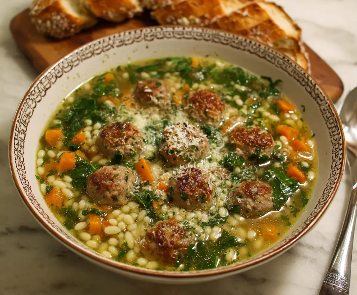 Bowl of classic Italian Wedding Soup with meatballs, spinach, and orzo pasta in a clear broth.