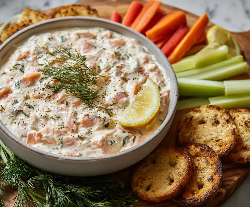 Delicious creamy smoked salmon dip garnished with fresh lemon slices and herbs.